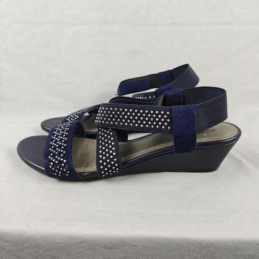 Coach And Four Githa Sandals Womens Size 8.5 Blue Slingback Wedge Rhinestone